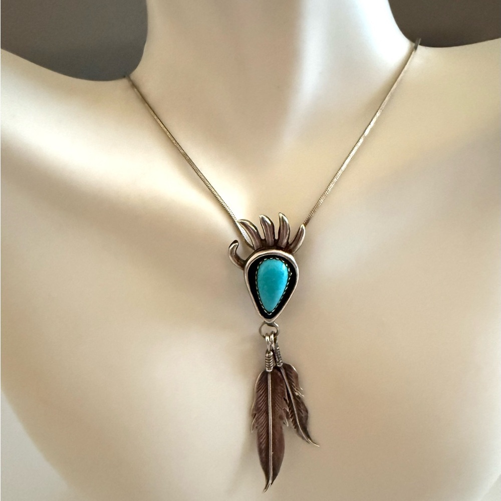 Native American Navajo SS Turquoise Bear Paw Feather Pendant by Francisco - Picture 2 of 6